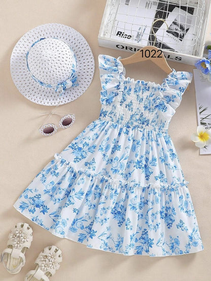 White Floral Printed Flared Sleeve Girls Dress