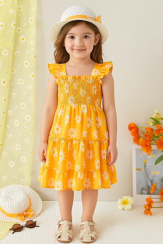 Yellow Floral Printed Sleeve less Girls Dress