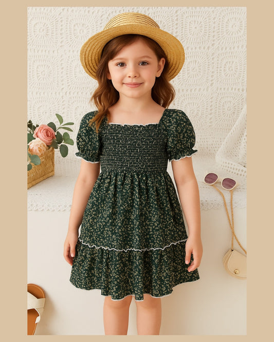 Mehndi Green Floral Printed Short Sleeve A-Line Baby Dress