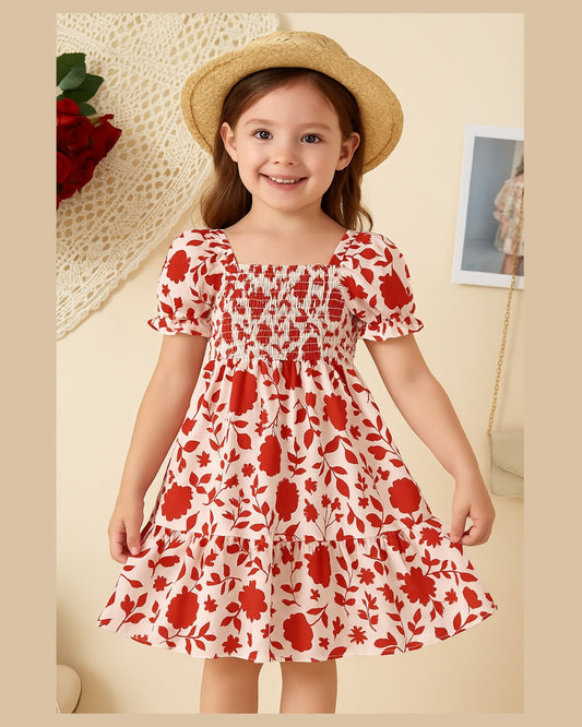 Multi-Color Floral Printed Short Sleeve A-Line Baby Dress