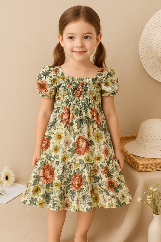 Multicolor Floral Printed Short Sleeve Girl's Dress