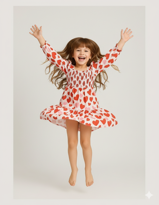 Multicolor Heart Theme Full Sleeve Midi Kids Dress
