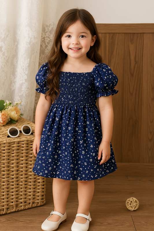 Navy Blue Floral Printed Short Sleeve Midi Baby Dress
