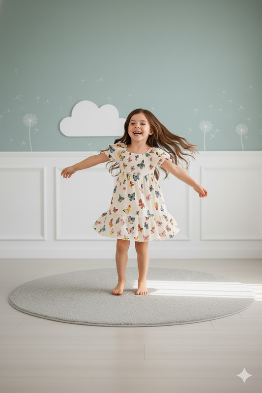 Off-White Color Butterfly Printed Short Sleeve Kids Dress