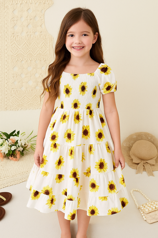 Off-White Color Flower Printed Short Sleeve Baby Girl Dress