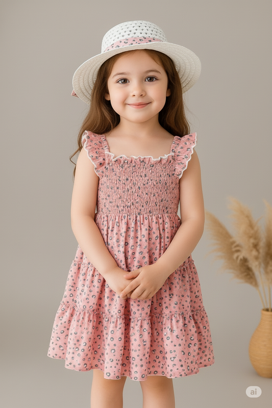 Pink Color Floral Printed Flared Sleeve Kids Baby Dress