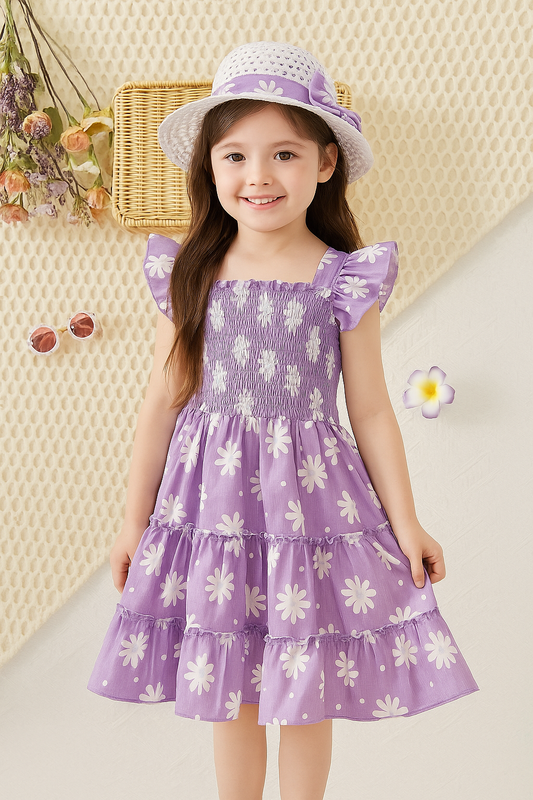 Purple Flower Printed Flared Sleeve Baby Dress
