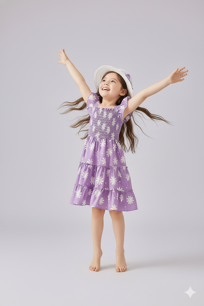 Purple Flower Printed Flared Sleeve Baby Dress