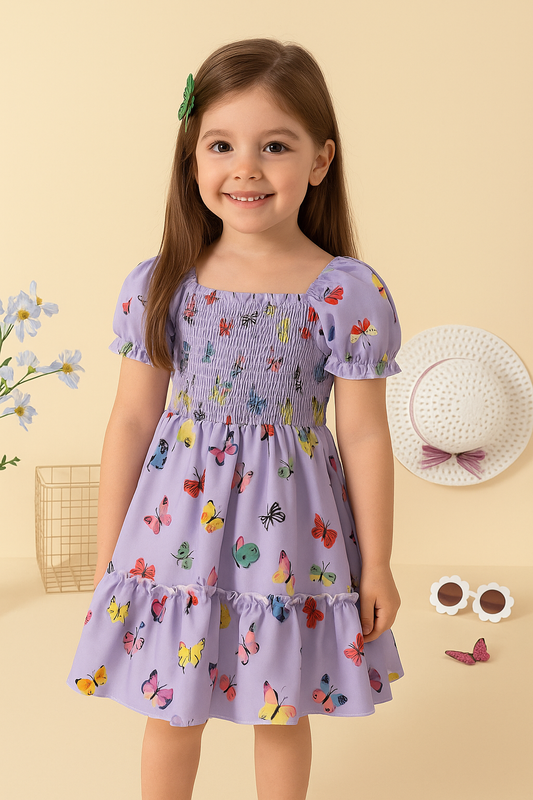 Purple Color Butterfly Printed Short Sleeve Kids Dress