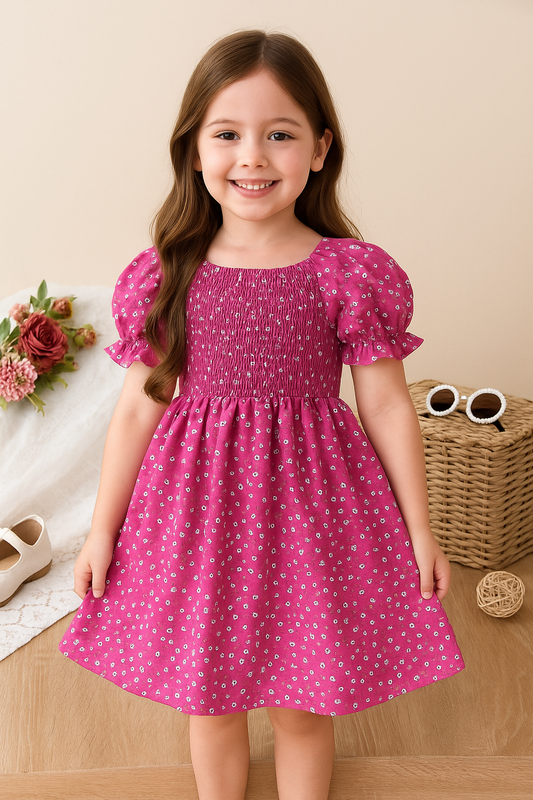 Pink Color Floral Printed Short Sleeve A-Line Baby Dress