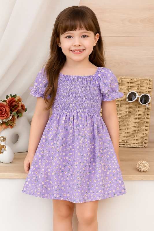 Purple Color Floral Printed Short Sleeve A-Line Baby Dress