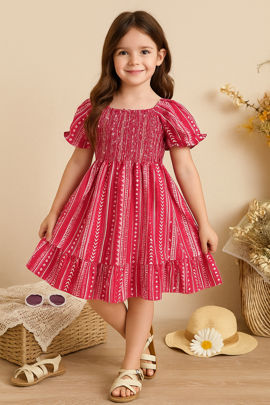 Pink Color Printed Short Sleeve Midi Kids Dress
