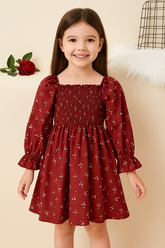 Red Color Floral Printed Full Sleeve Baby Dress