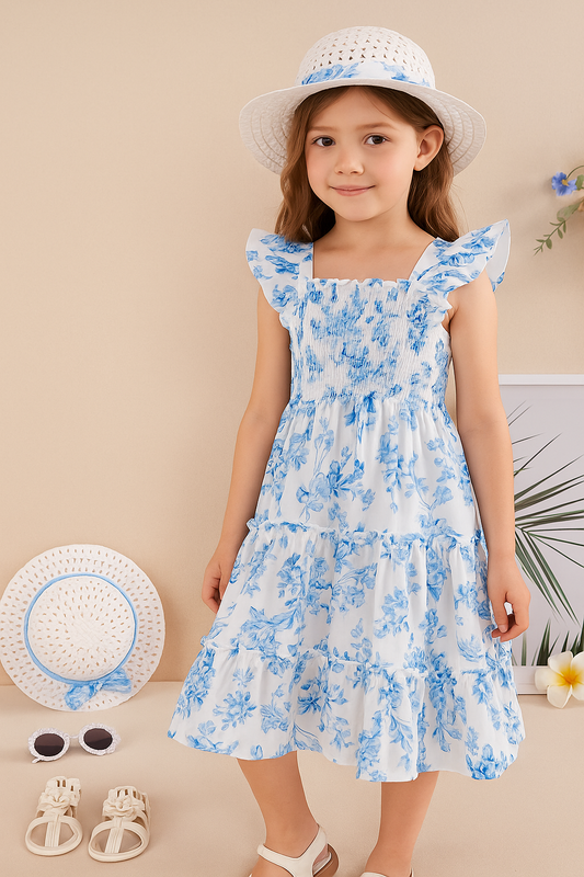 White Floral Printed Flared Sleeve Girls Dress