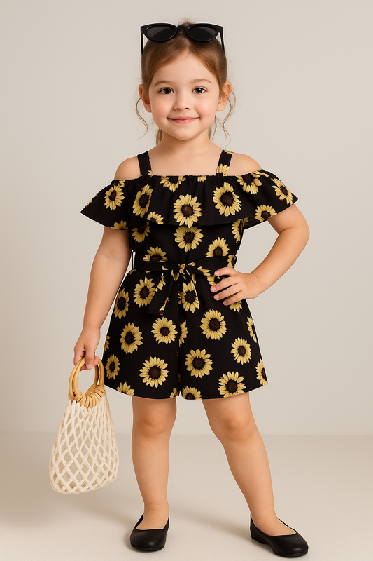 Sunflower Print Off-Shoulder Jumpsuit – Cotton Spandex