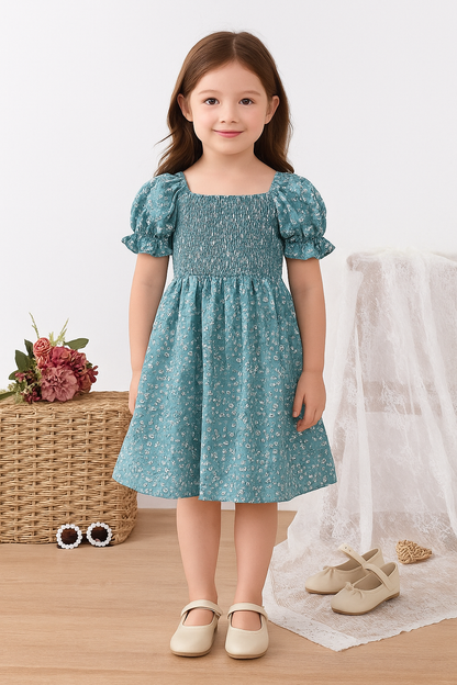 Rama Green Flower Printed Short Sleeve Girls Dress