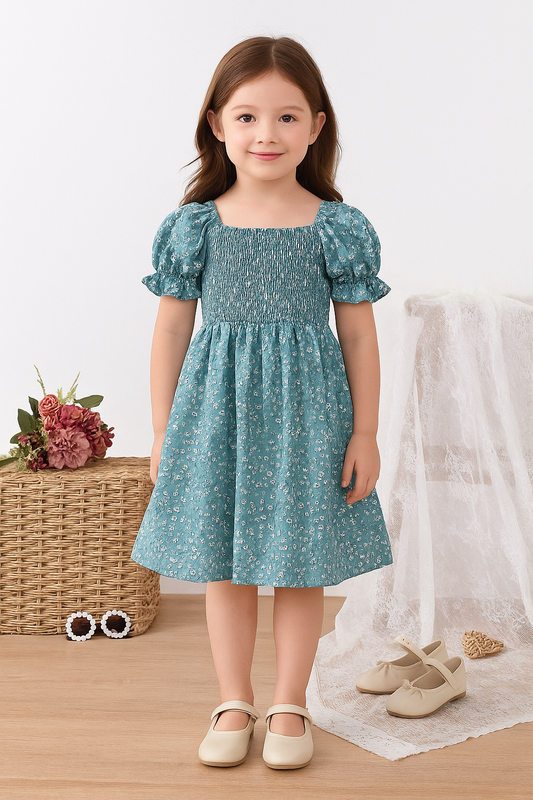 Rama Green Flower Printed Short Sleeve Girls Dress