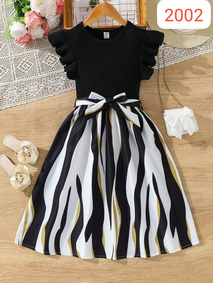 Black & White Flutter Sleeve Cotton Spandex Dress with Bow