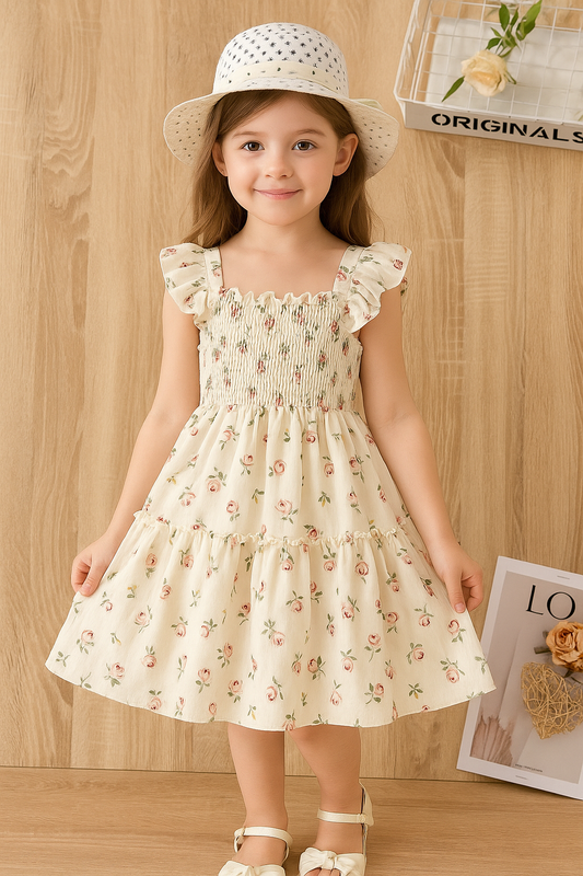 White Floral Printed Flared Sleeve Baby Dress
